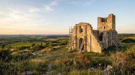 Vue architecturale d'une ruine française en pierre en cours de réhabilitation avec échafaudages et charpente apparente