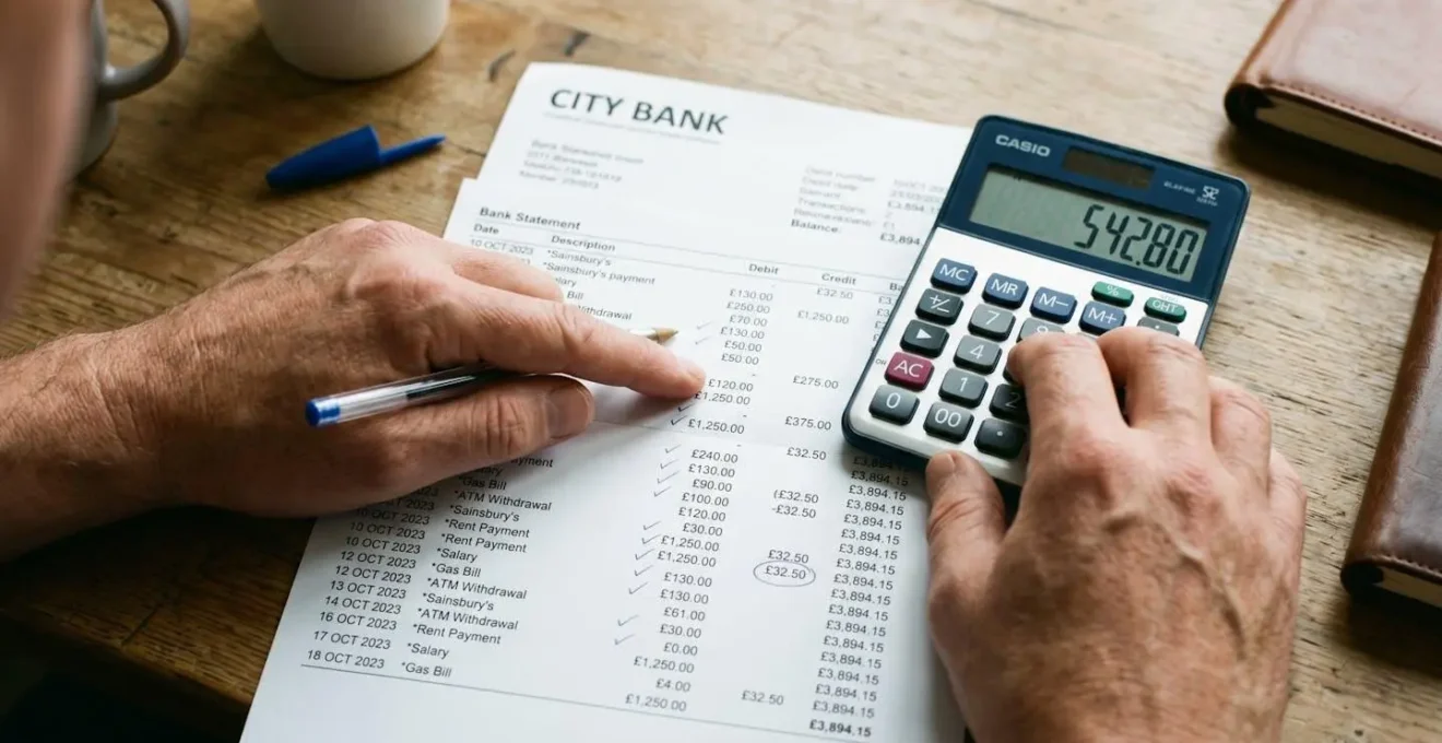 Gros plan sur des mains analysant un relevé bancaire avec calculatrice