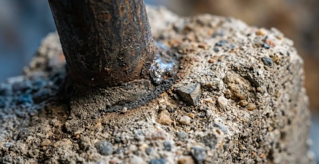 Vue en coupe d'un chantier de fondations montrant des micropieux métalliques ancrés dans le sol