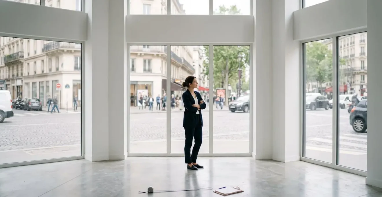 Entrepreneur évaluant la viabilité de son commerce dans un local professionnel
