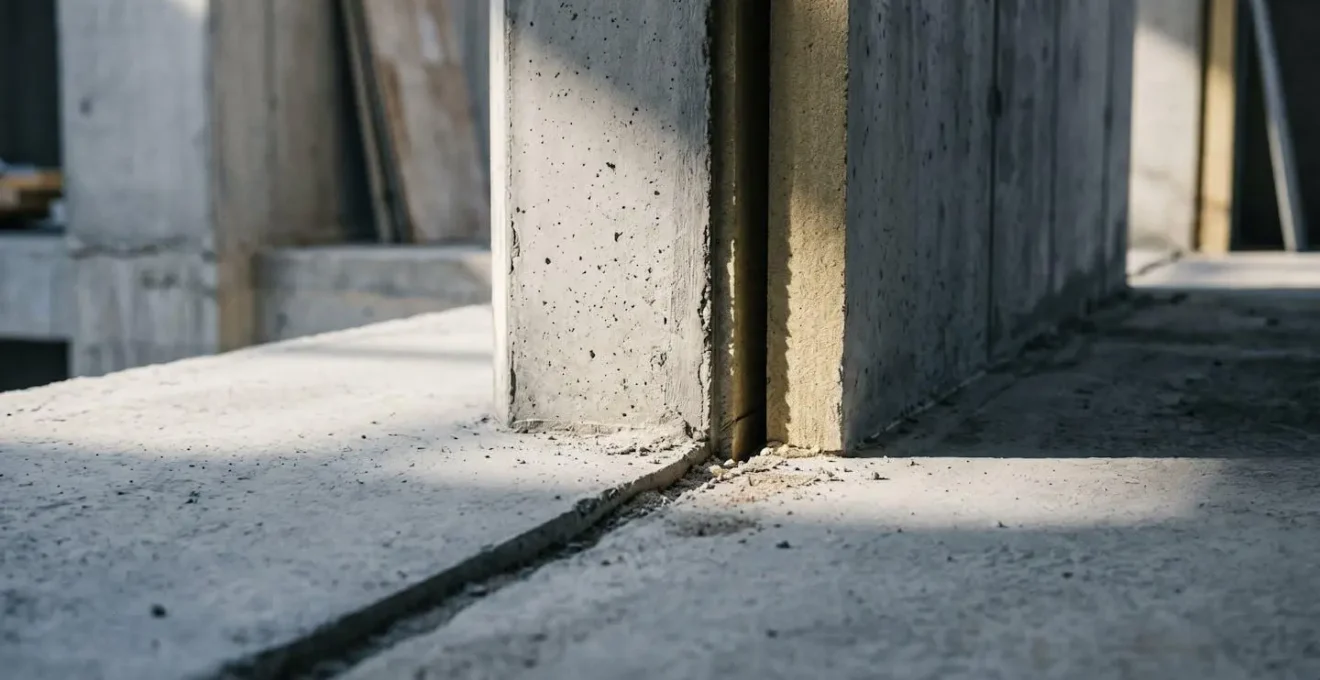Détail architectural montrant la jonction entre dalle béton et mur avec risque de pont thermique
