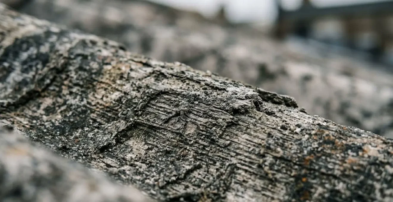 Vue détaillée d'une toiture en fibrociment ancien avec texture grisâtre caractéristique, illustrant les matériaux potentiellement amiantés dans les dépendances