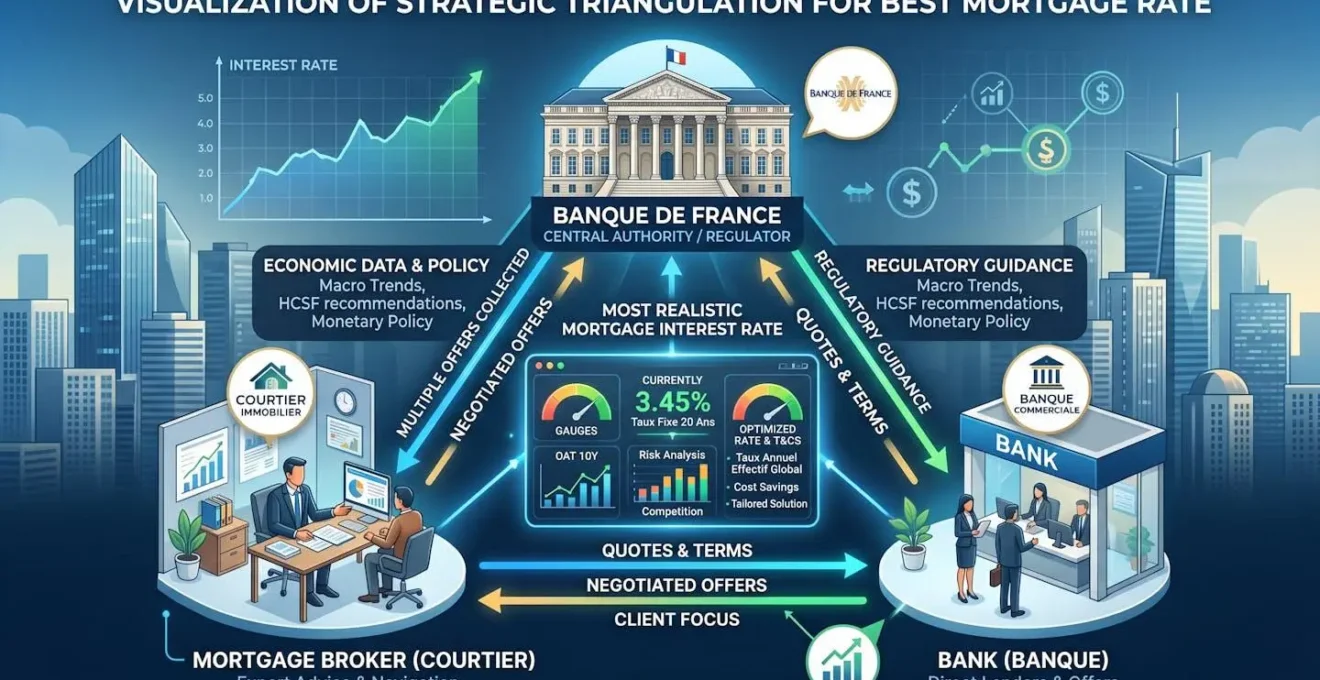 Visualisation de la méthode de triangulation stratégique entre Banque de France, courtier et banque pour obtenir le taux de crédit immobilier le plus réaliste