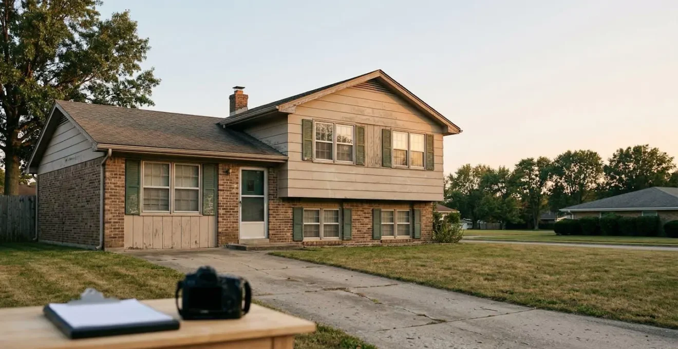 Maison ancienne avec diagnostic énergétique et documents administratifs, symbolisant la vente d'une passoire thermique avec audit obligatoire