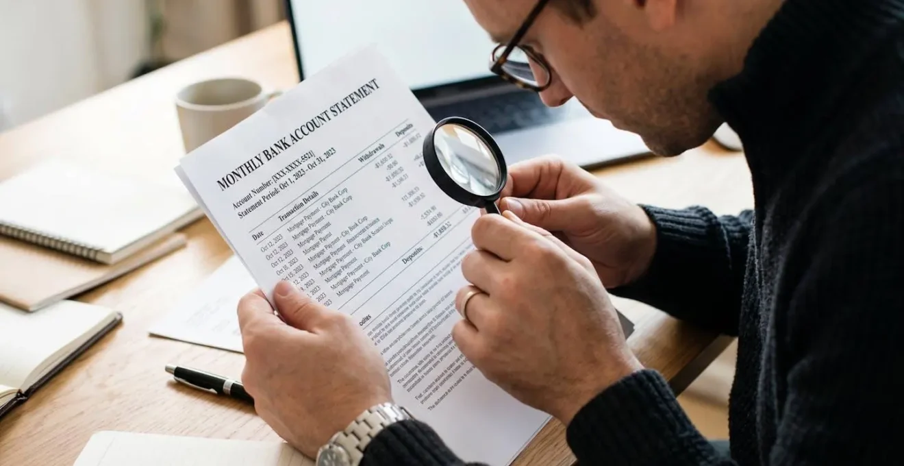 Examen minutieux d'un document bancaire officiel avec attention portée aux détails