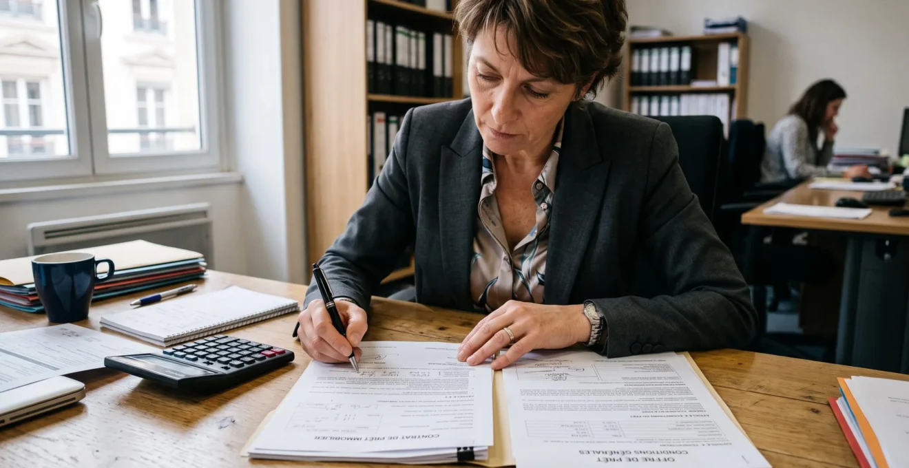 Conseiller financier analysant des documents de prêt immobilier avec calculatrice sur un bureau