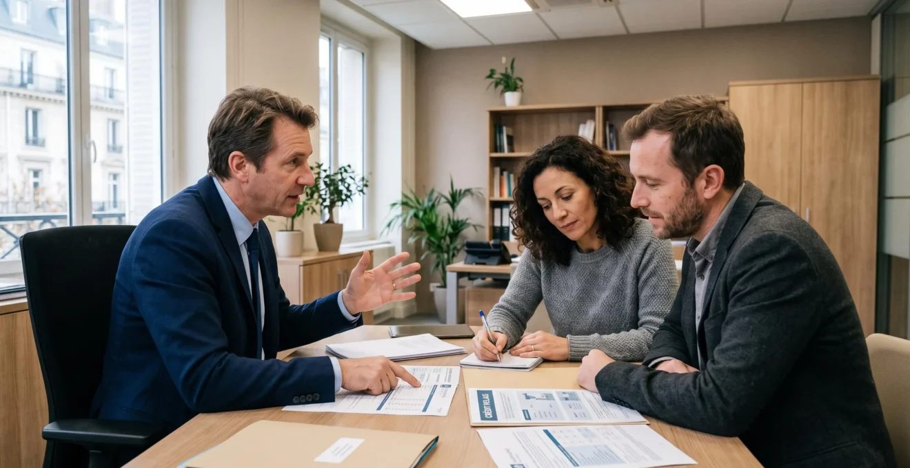 Conseiller bancaire discutant des options de prêt relais avec un couple dans une agence bancaire française