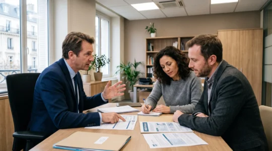 Conseiller bancaire discutant des options de prêt relais avec un couple dans une agence bancaire française