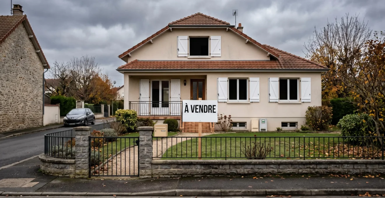 Maison individuelle française avec panneau 'À vendre' dans le jardin avant
